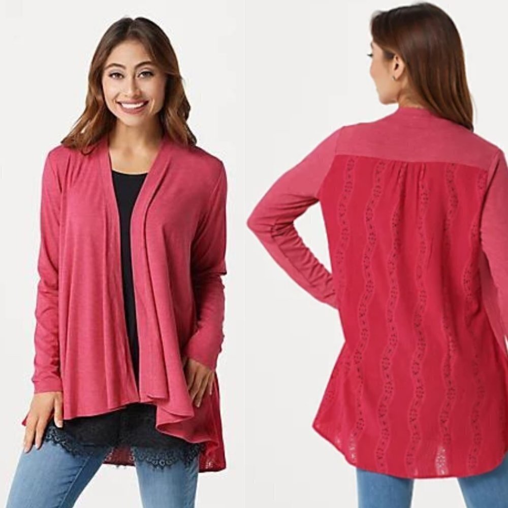 LOGO Lounge Lori Goldstein Red Open Front Lace Back Cardigan Sweater Women's XL
